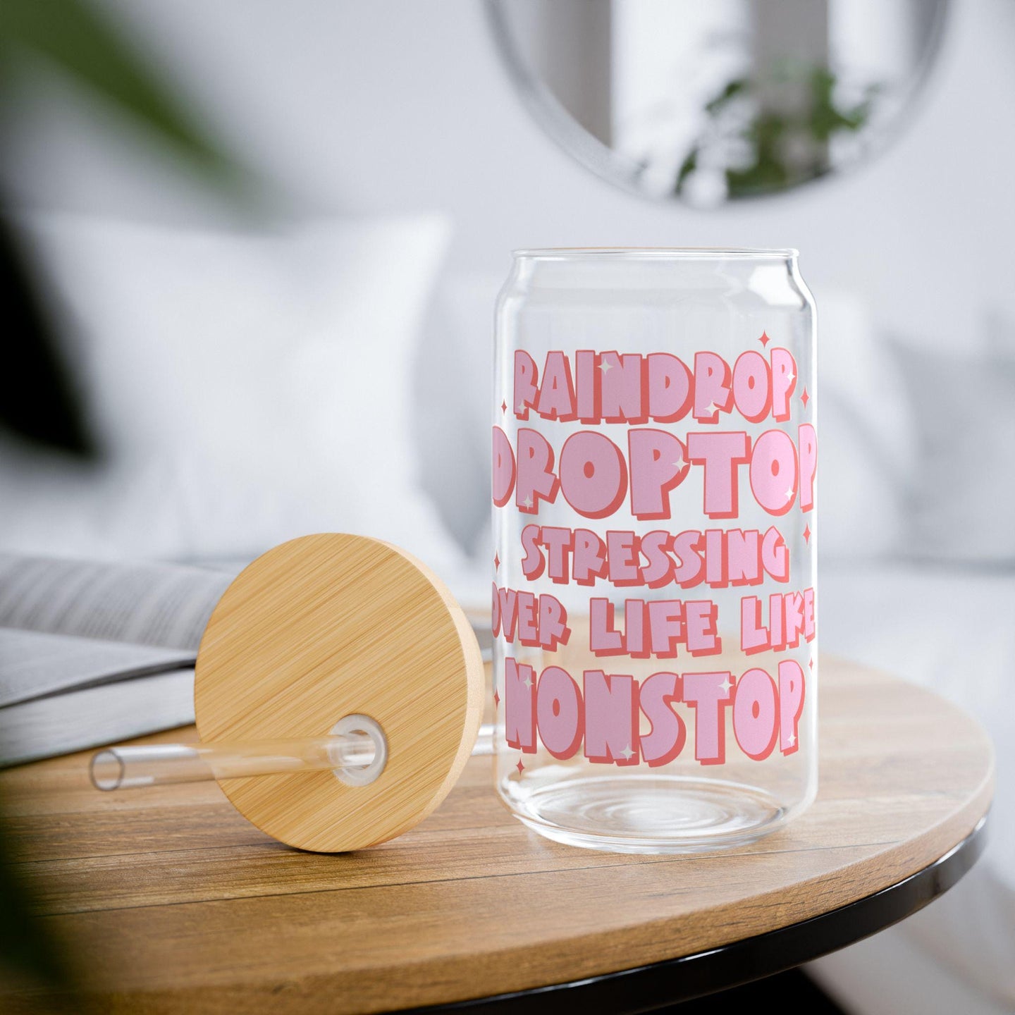 Preppy funny glass cup with bamboo lid glass straw, Cute Cup Beer Can Iced Coffee Glass Cup Cute stress Glass Cup gift for her